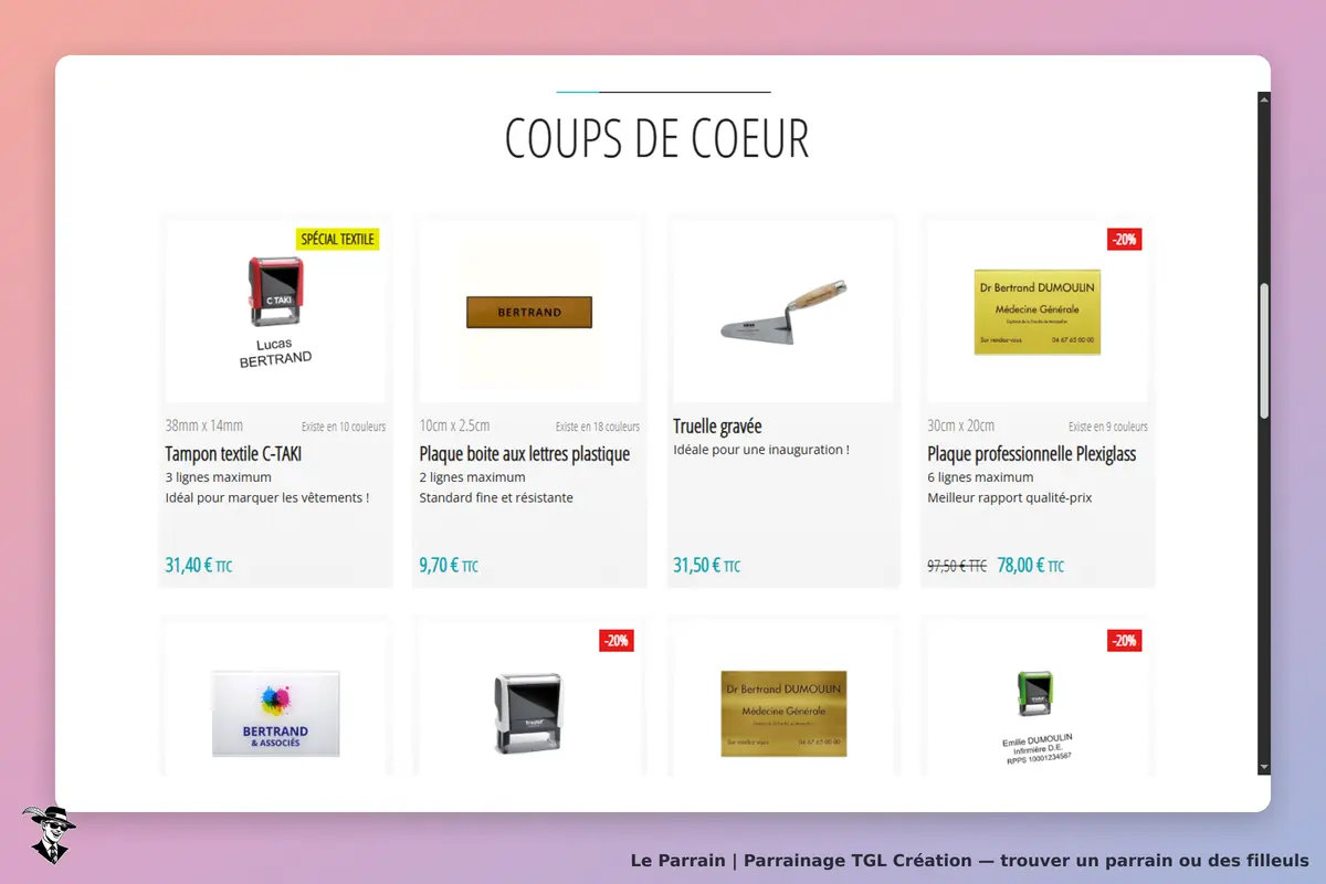 TGL Création : section "Coups de cœur" avec divers produits personnalisés affichés