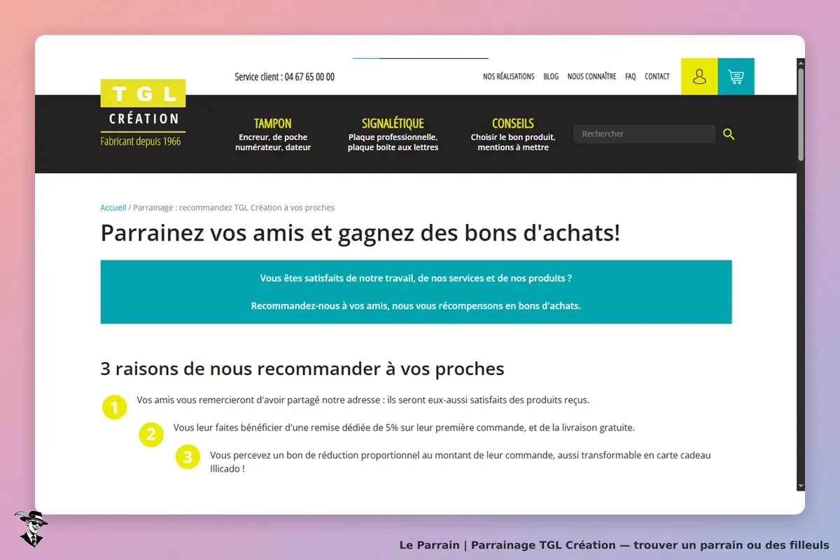 TGL Création : page d'accueil avec section de parrainage et trois raisons de recommander