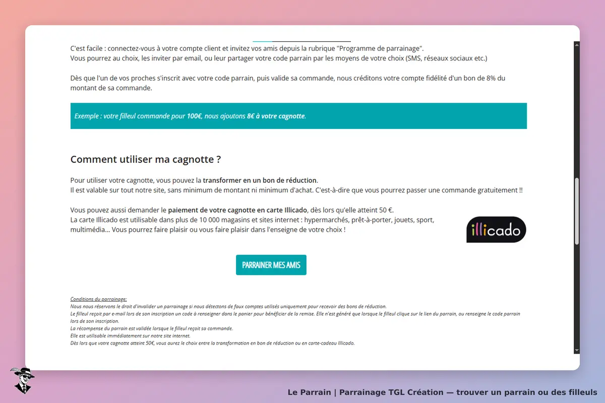 TGL Création : explication sur l'utilisation de la cagnotte et lien pour parrainer des amis