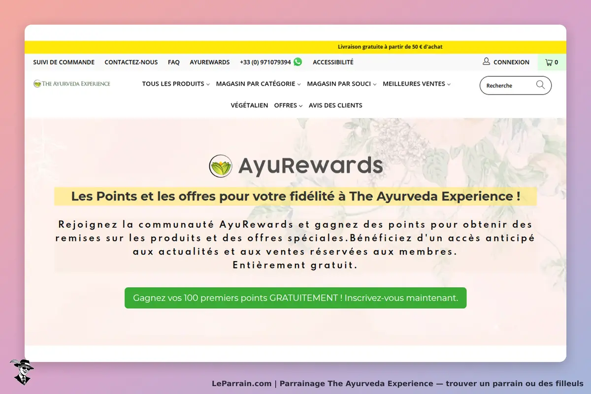 The Ayurveda Experience : page d'accueil avec le programme de fidélité AyuRewards affiché