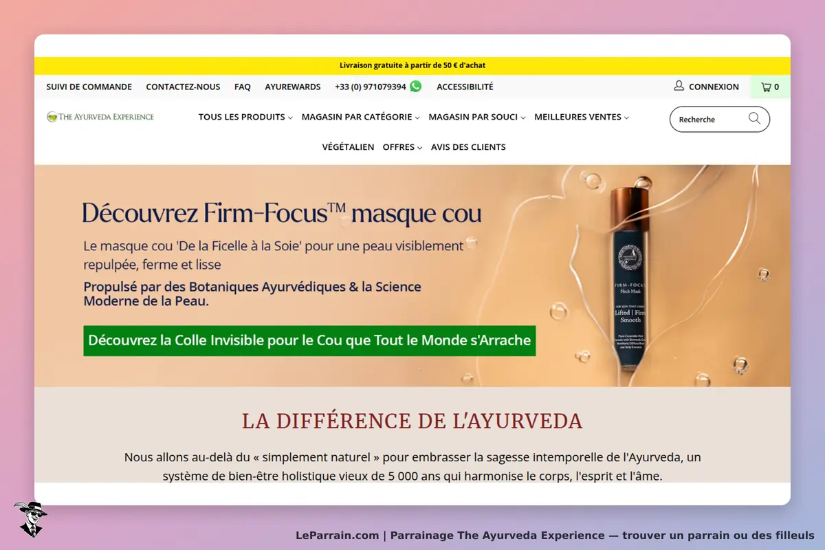The Ayurveda Experience : page d'accueil présentant le masque cou Firm-Focus et ses
