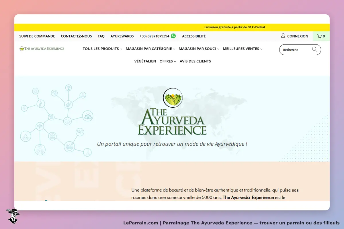 The Ayurveda Experience : page d'accueil avec logo et description du portail Ayurvédique