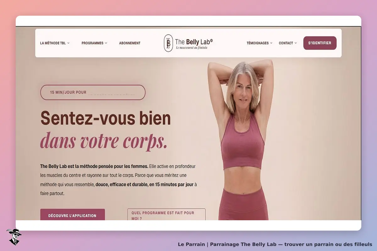 The Belly Lab : page d'accueil avec une femme en vêtements de sport et un texte d'introduction
