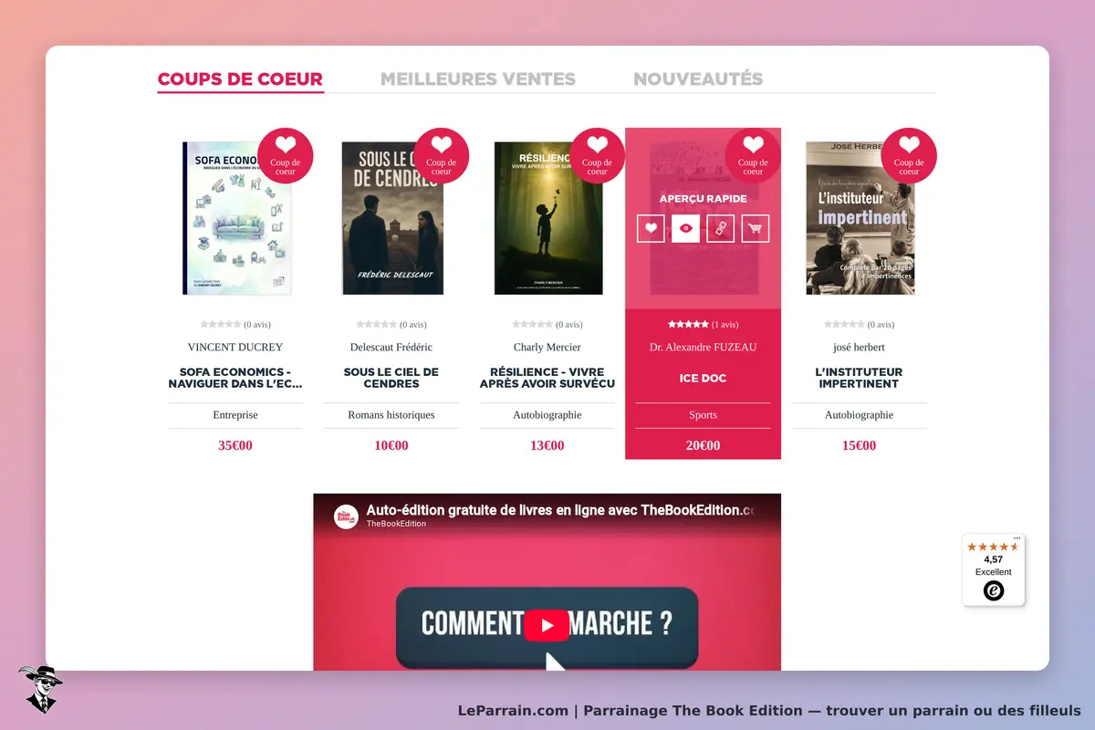 The Book Edition : section "Coups de cœur" avec plusieurs livres et une vidéo explicative