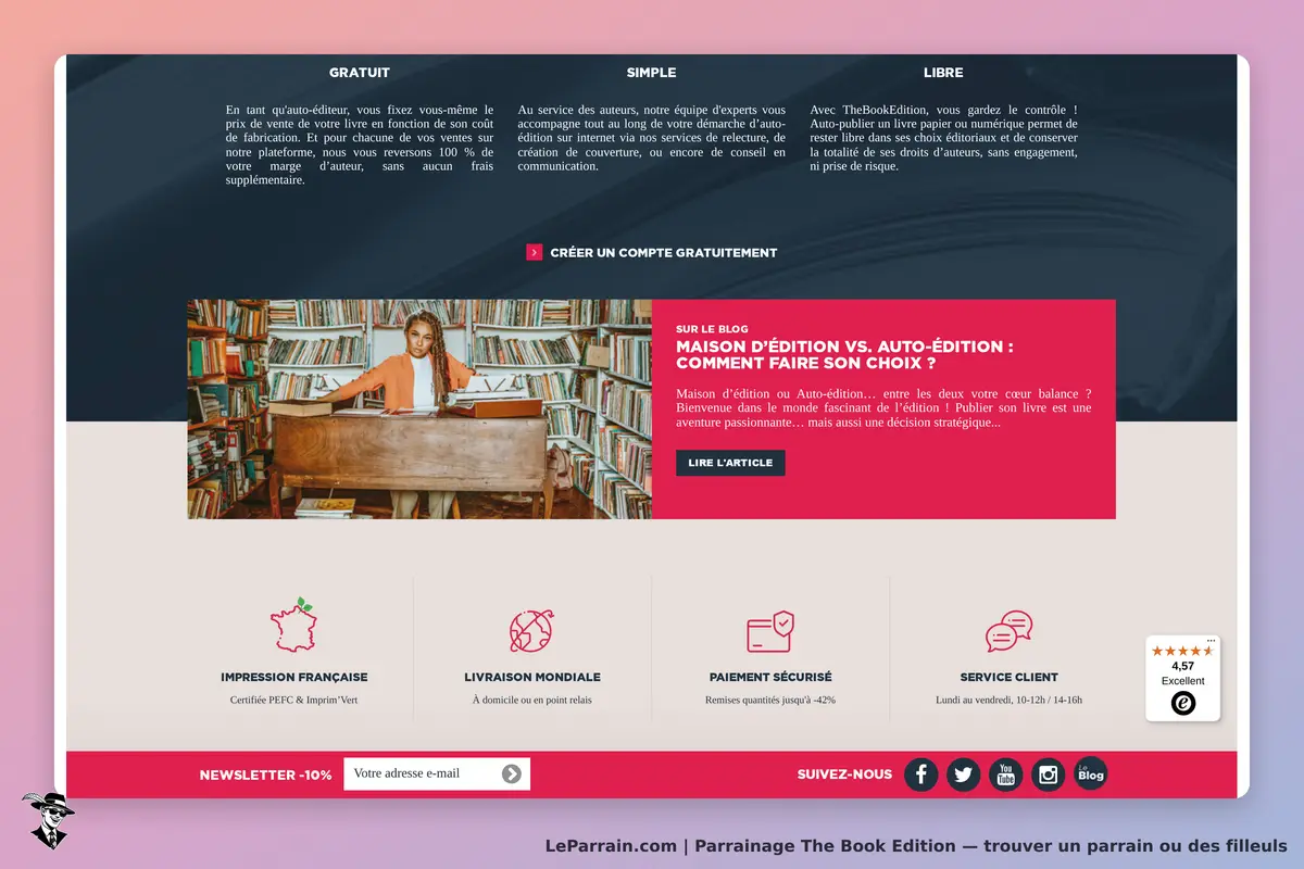 The Book Edition : page d'accueil avec une femme devant une bibliothèque et des informations sur