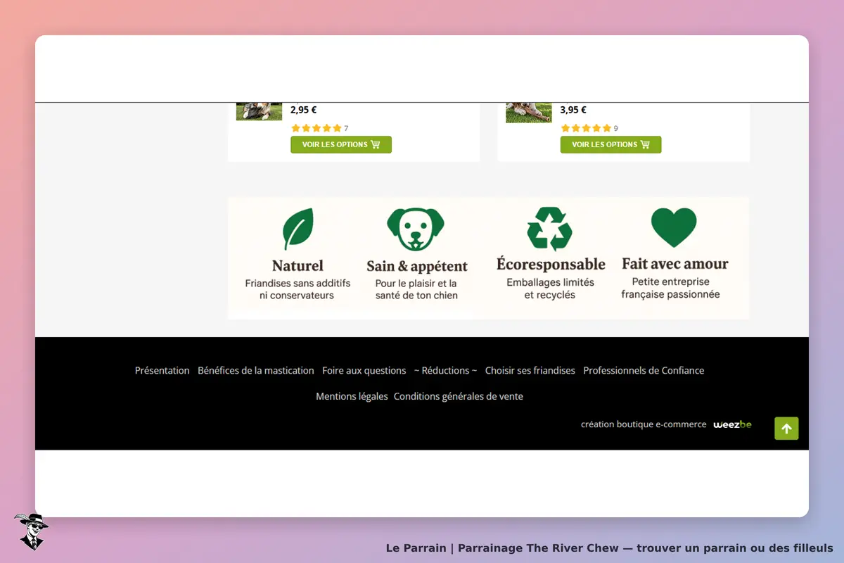 The River Chew : page d'accueil avec produits, icônes de valeurs et navigation en bas