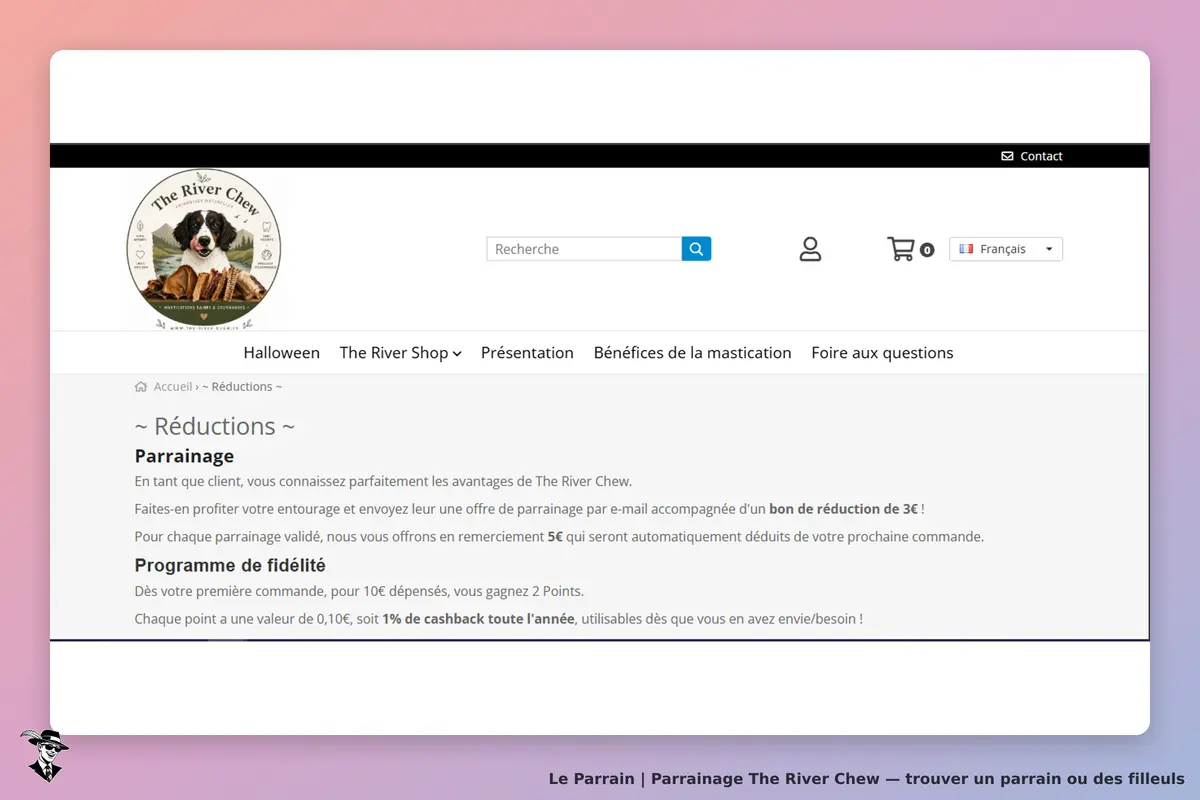 The River Chew : page sur les réductions et le parrainage avec un logo et un menu de navigation