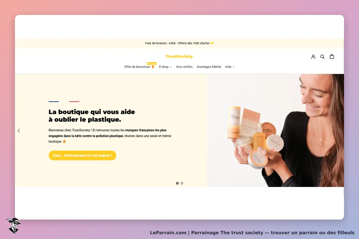 The trust society : trustSociety : page d'accueil avec une femme tenant des produits