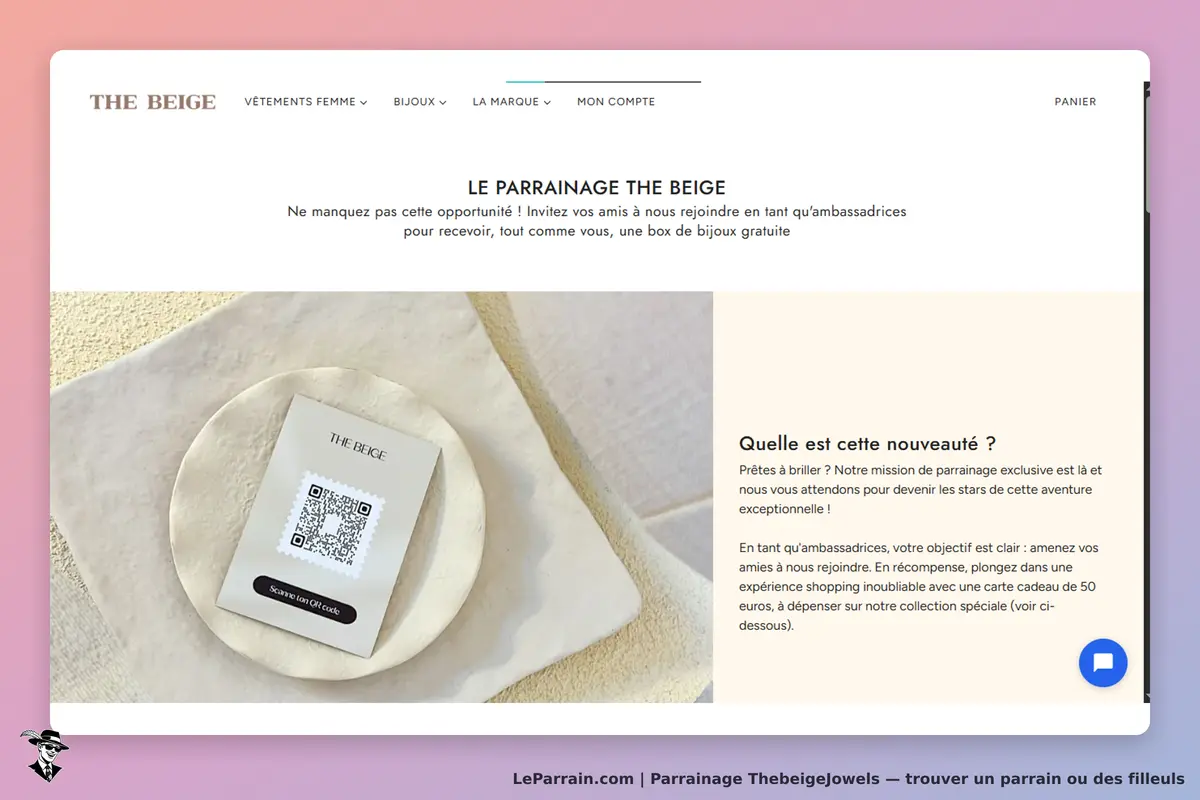 ThebeigeJowels : the Beige : page d'accueil présentant un programme de parrainage et une carte avec