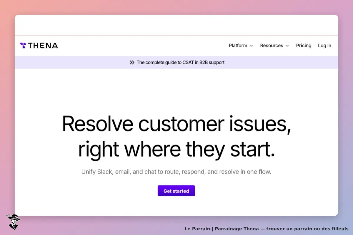 Thena : page d'accueil avec un message sur la résolution des problèmes clients et un bouton