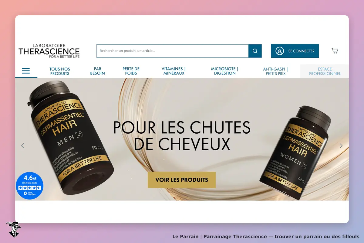 Therascience : page d'accueil avec produits pour les chutes de cheveux et options de navigation