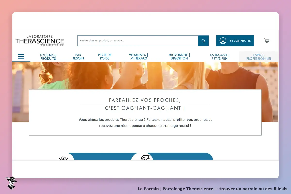 Therascience : page d'accueil avec un message sur le parrainage et des personnes en arrière-plan