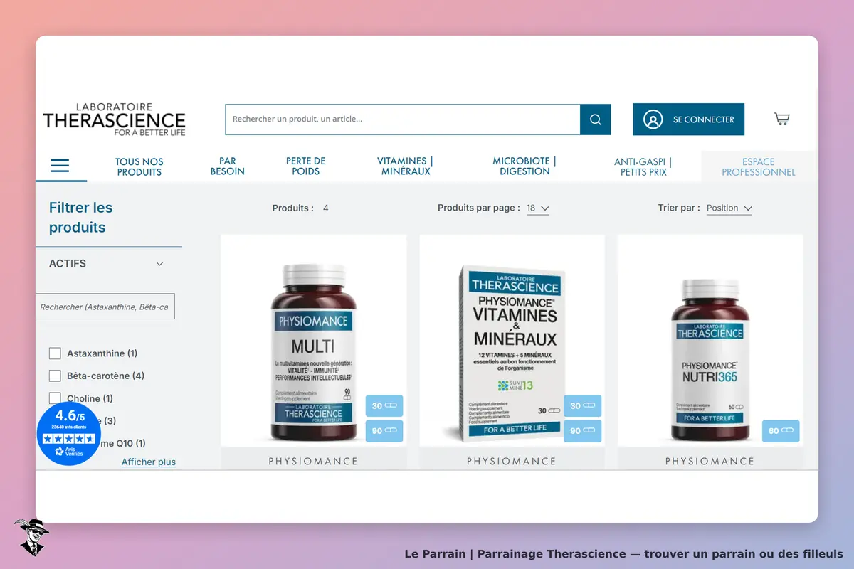 THERASCIENCE : page d'accueil avec produits, filtres et options de tri visibles