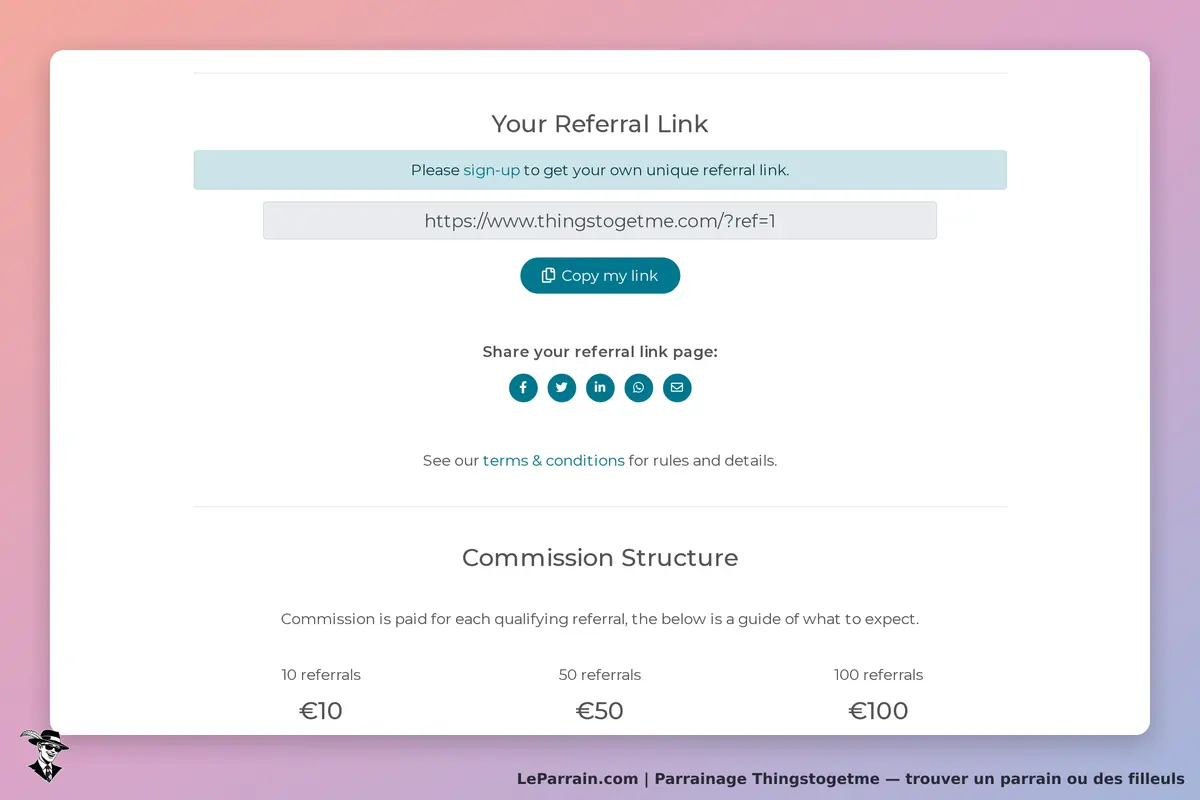 Thingstogetme : écran de lien de parrainage avec options de partage et structure de commission