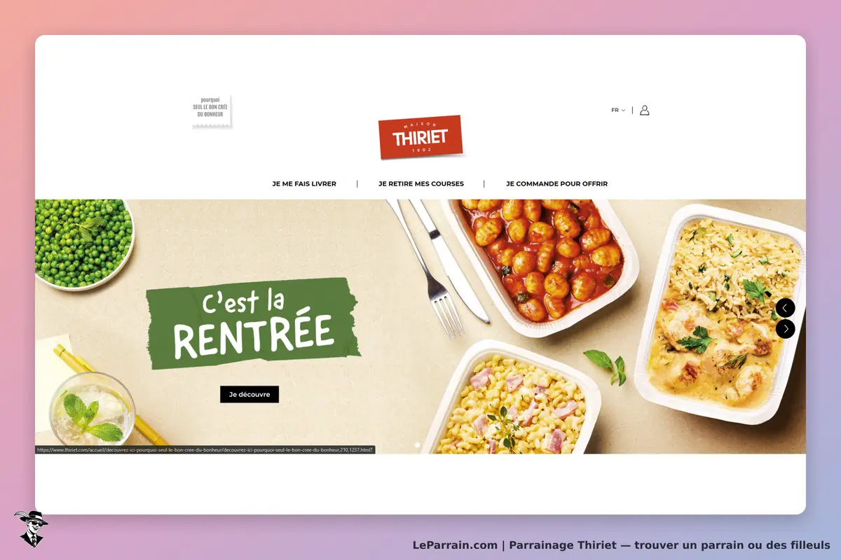 Thiriet : page d'accueil avec plats préparés et texte "C'est la rentrée"