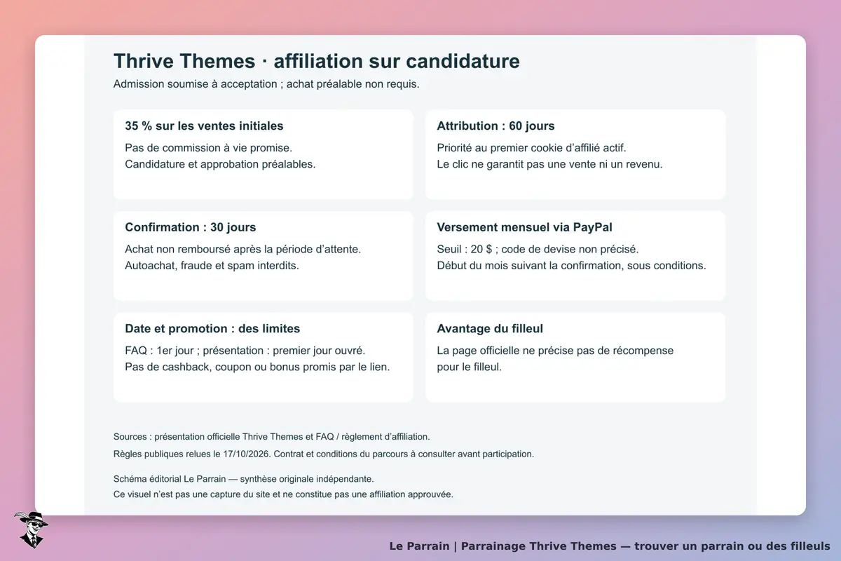 Schéma éditorial original de l’affiliation Thrive Themes : candidature approuvée, 35 % sur ventes initiales, attribution 60 jours au premier affilié, confirmation 30 jours hors remboursements, seuil 20 $ via PayPal, dates sous conditions et filleul non précisé. Synthèse indépendante, pas une capture du site.