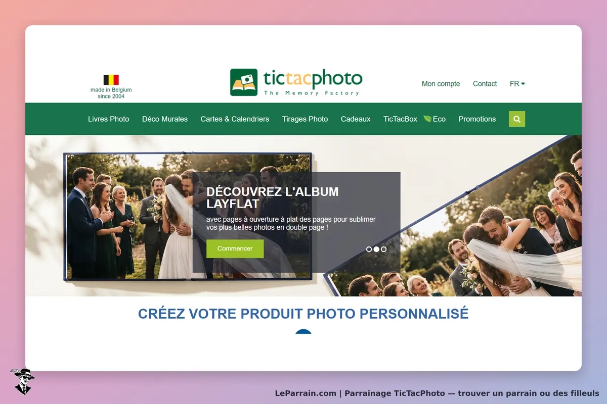 TicTacPhoto : page d'accueil présentant un album photo Layflat et un bouton pour commencer