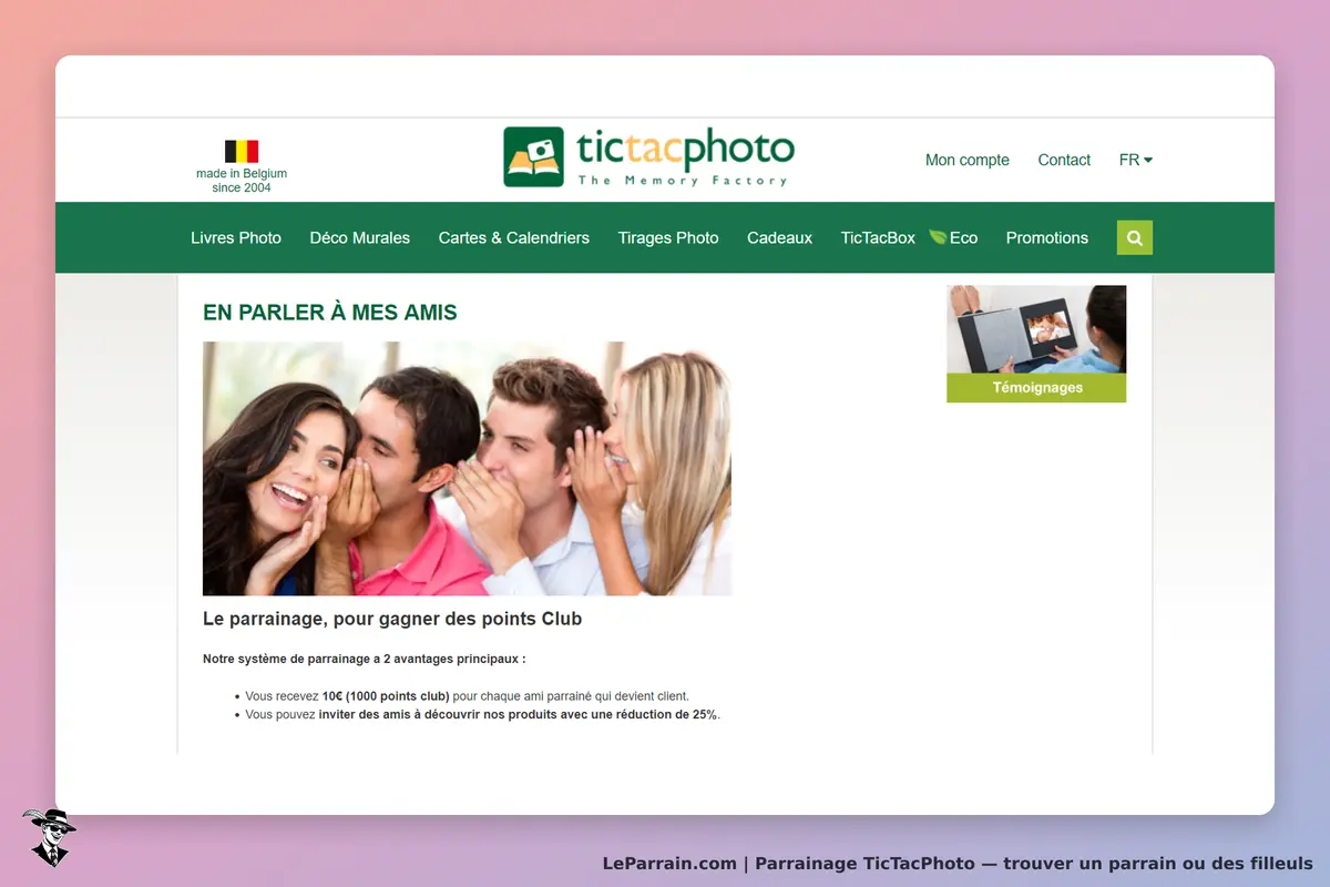 TicTacPhoto : page d'accueil avec un groupe d'amis souriant et un texte sur le parrainage