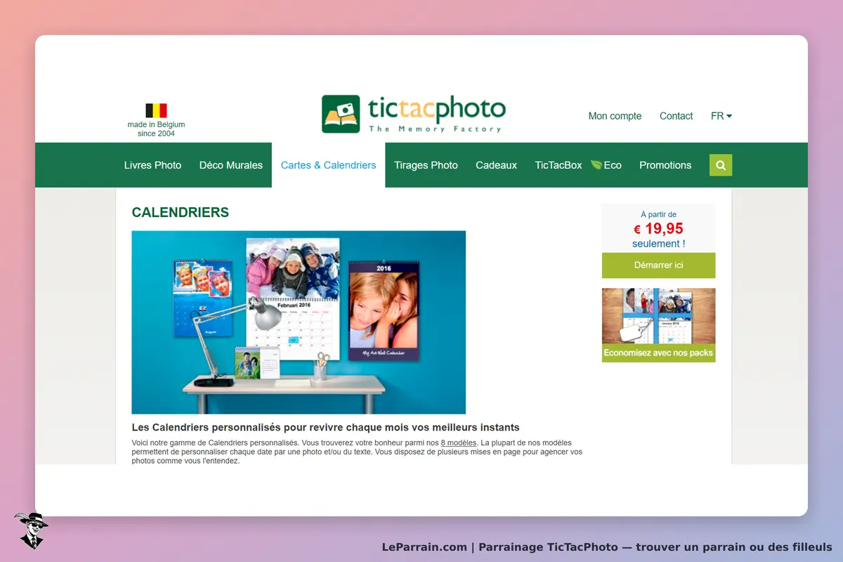 TicTacPhoto : page d'accueil présentant des calendriers personnalisés avec images et descriptions