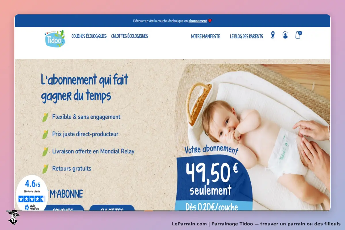 Tidoo : page d'accueil présentant un bébé avec une couche et des informations sur l'abonnement