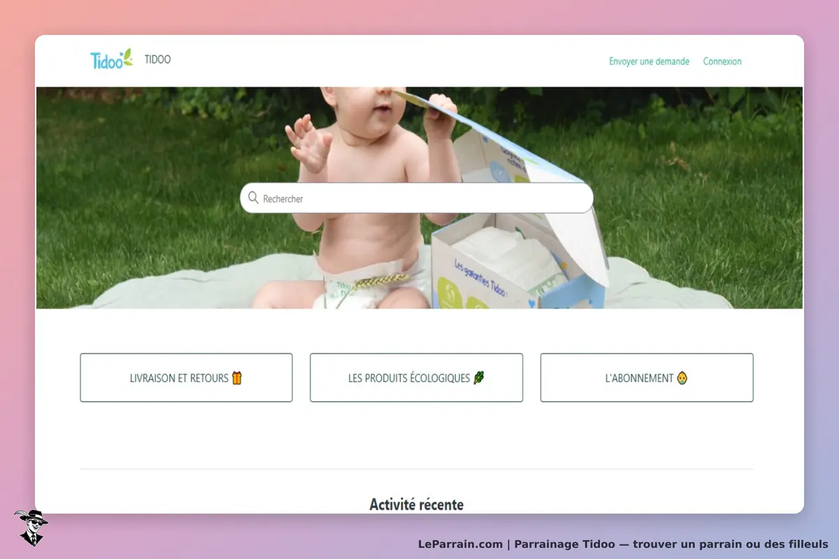 Tidoo : page d'accueil avec un bébé jouant sur une couverture et une boîte de couches ouverte