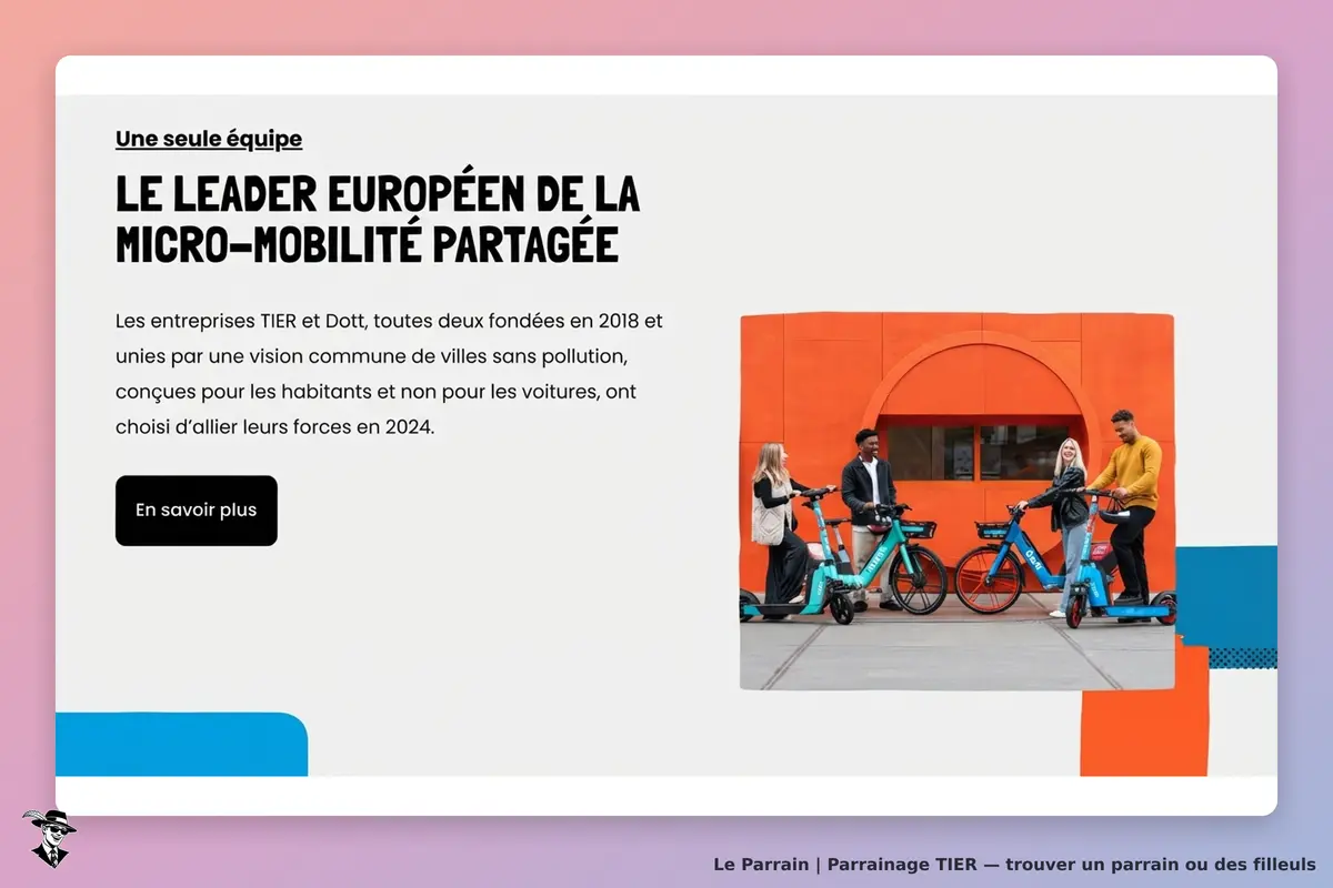 TIER : page d'accueil présentant des trottinettes et vélos avec des utilisateurs devant un mur