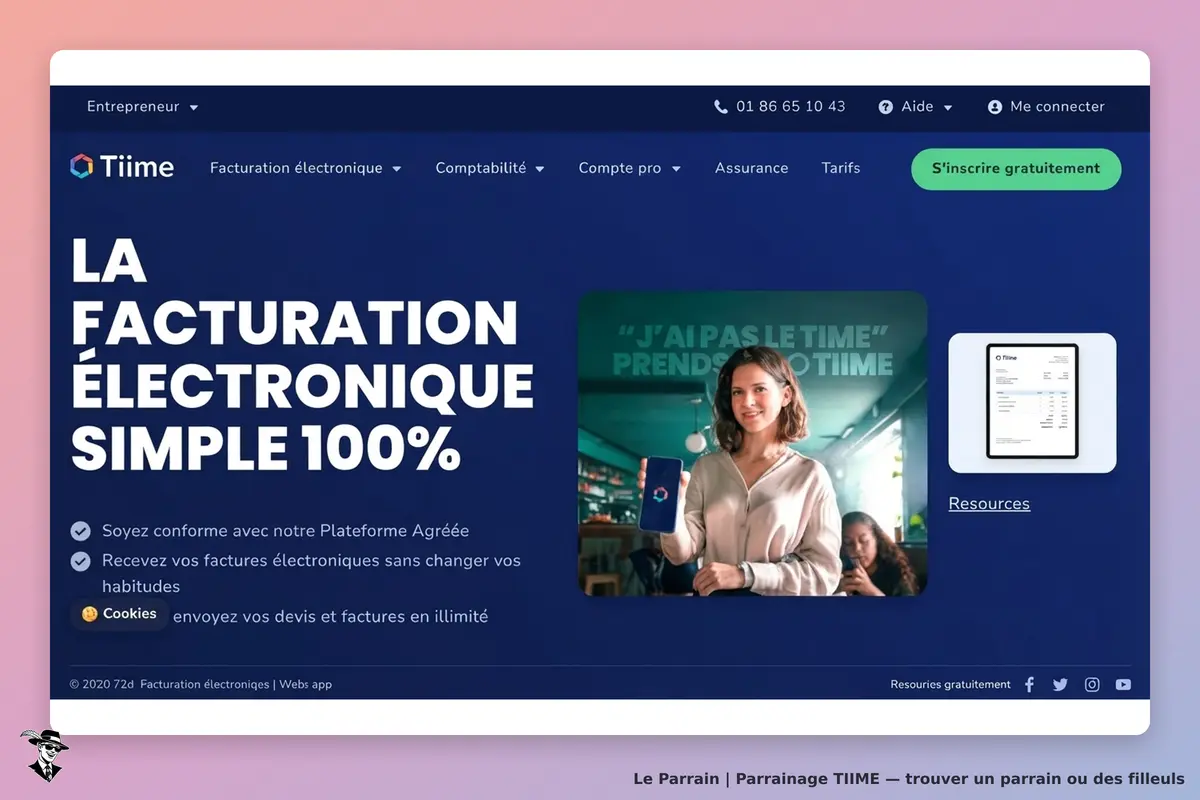 Tiime : page d'accueil avec un message sur la facturation électronique et une femme souriante
