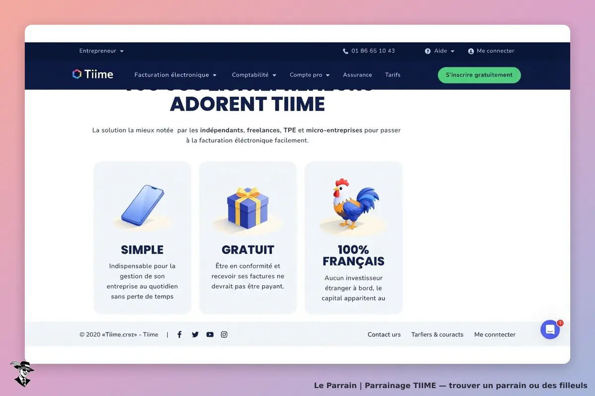 TIIME : page d'accueil avec trois icônes sur la simplicité, la gratuité et le caractère français
