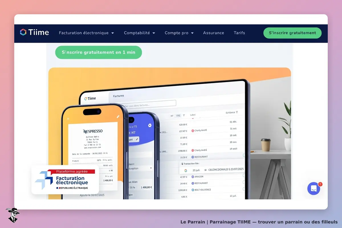 TIIME : page d'accueil affichant des factures sur plusieurs appareils, avec un bouton d'inscription