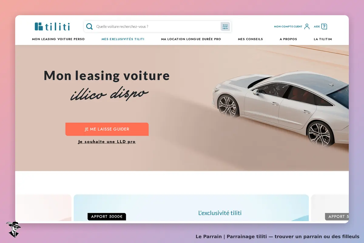 tiliti : page d'accueil avec une voiture blanche et un bouton pour se laisser guider