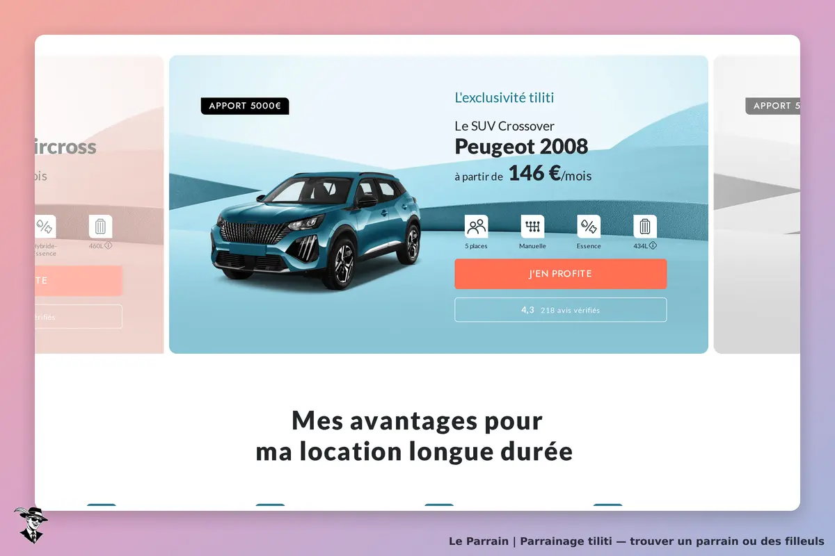 Tiliti : page d'accueil présentant le SUV Crossover Peugeot 2008 et ses caractéristiques