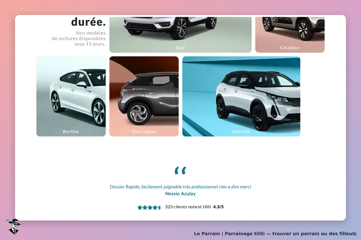 Tiliti : modèles de voitures disponibles, incluant berline, SUV, électrique et hybride
