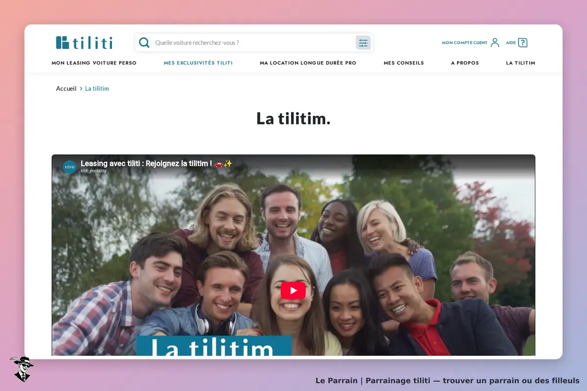tiliti : page d'accueil avec un groupe de personnes souriantes et une vidéo sur le leasing