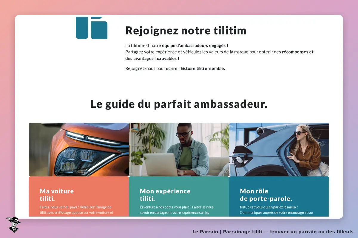 Tiliti : page d'accueil avec le guide du parfait ambassadeur et trois sections illustrées