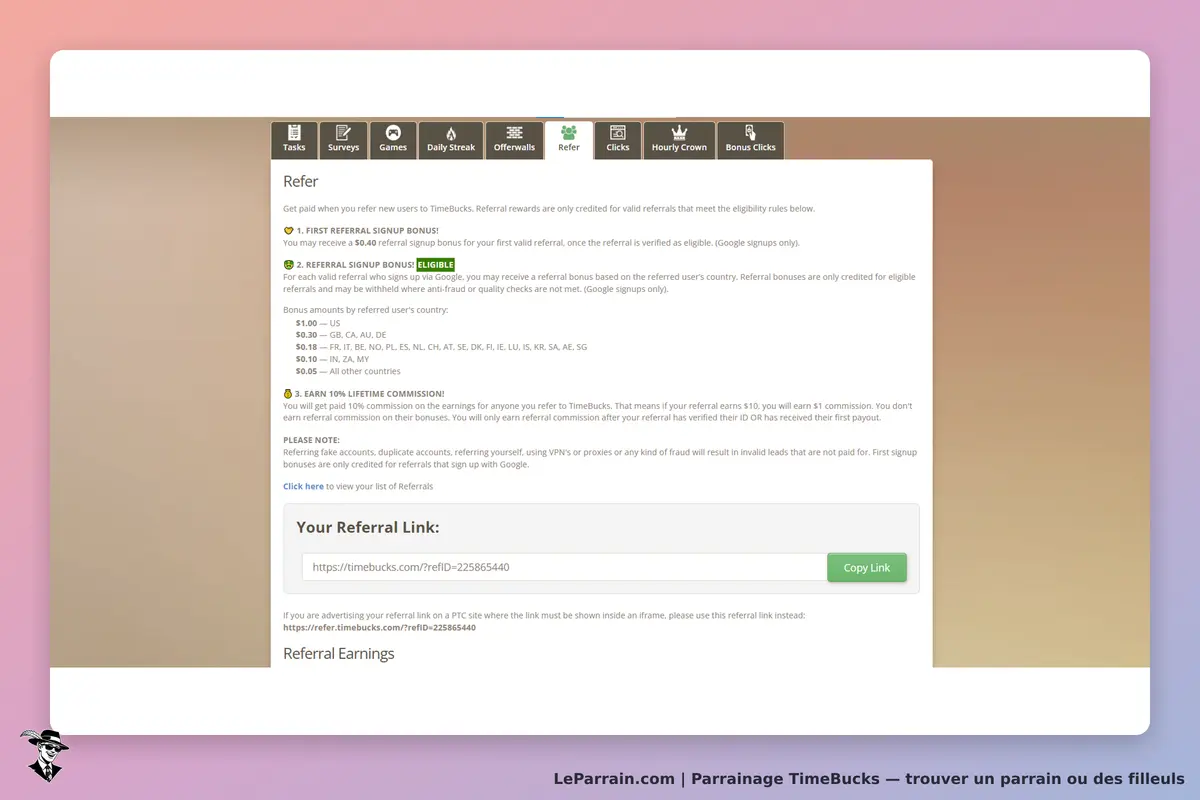 TimeBucks : section de parrainage avec lien de référence et détails sur les commissions
