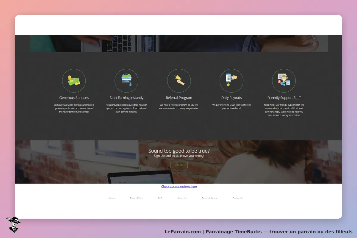 TimeBucks : section présentant des avantages avec icônes et texte explicatif, en bas de page