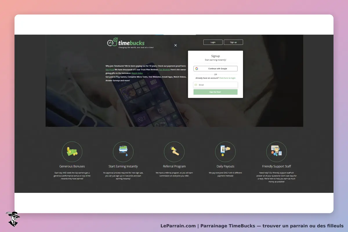 TimeBucks : page d'accueil avec formulaire d'inscription et icônes des fonctionnalités