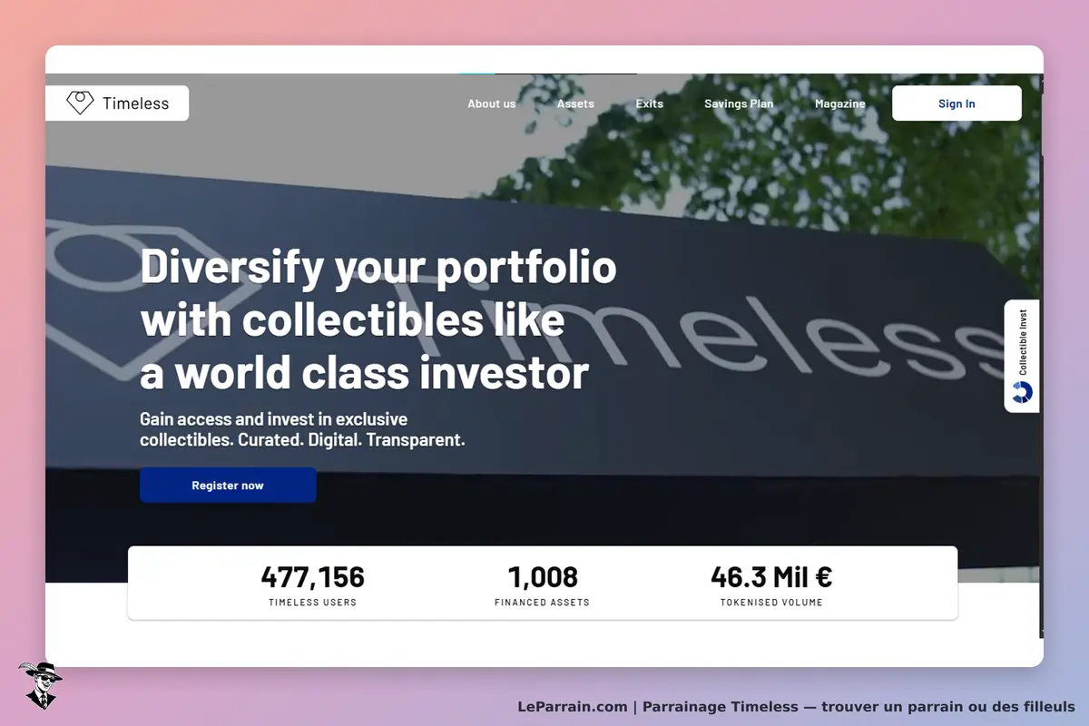 Timeless : page d'accueil avec slogan et statistiques d'utilisateurs et d'actifs financiers