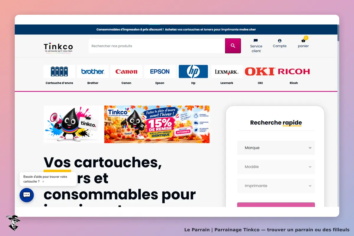 Tinkco : page d'accueil avec des logos de marques et un formulaire de recherche rapide