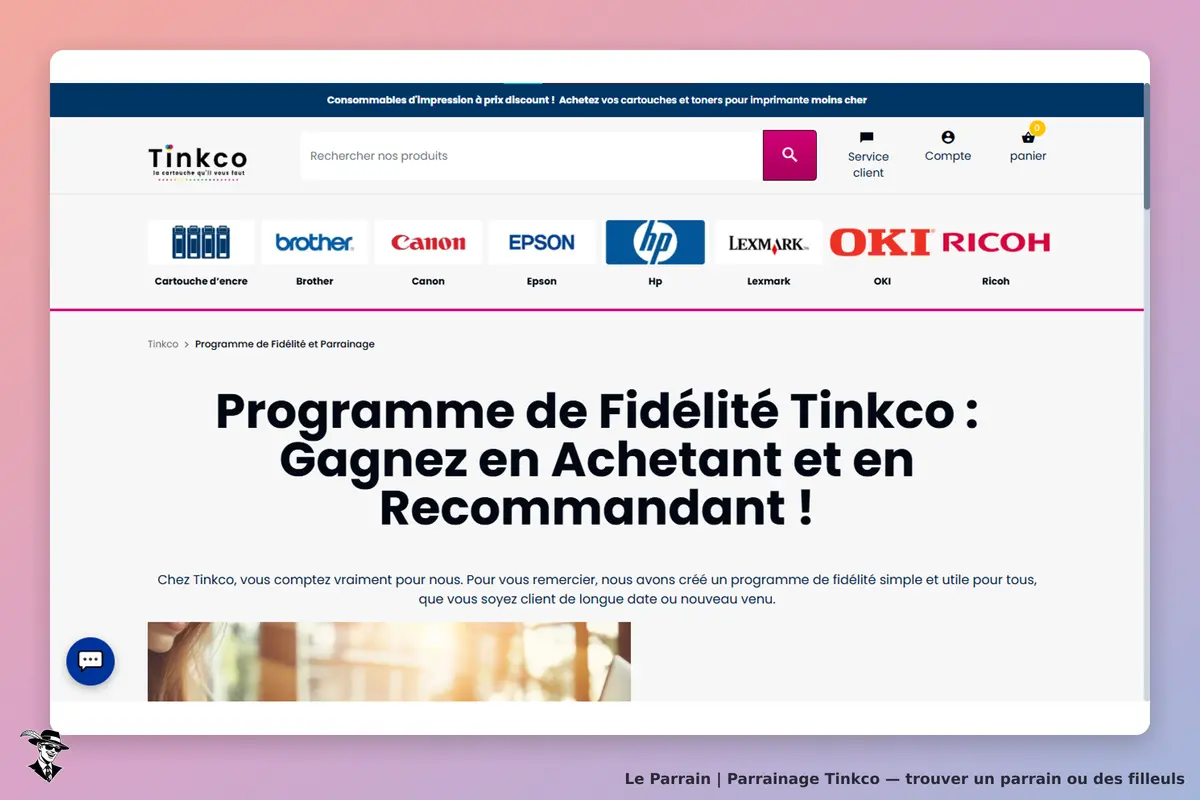 Tinkco : page d'accueil présentant le programme de fidélité et parrainage avec un texte explicatif