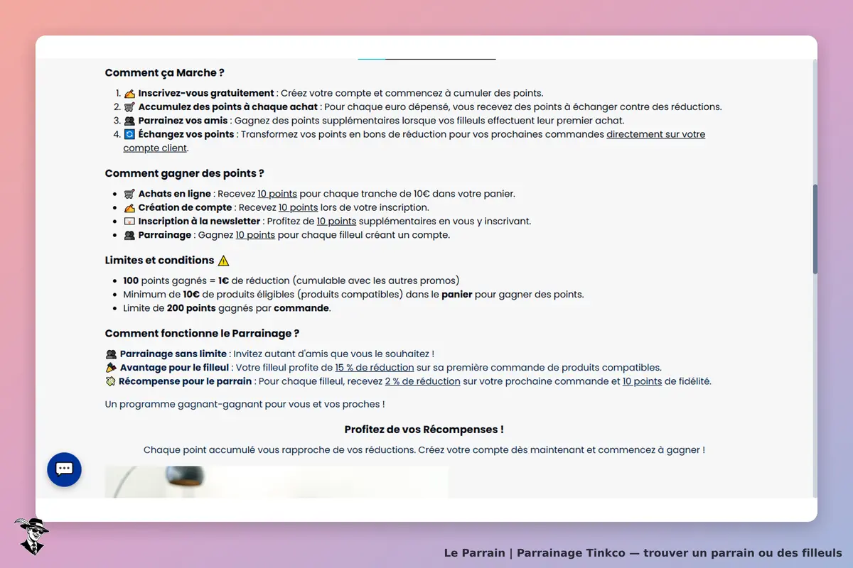 Tinkco : explication du fonctionnement du parrainage et de l'accumulation de points