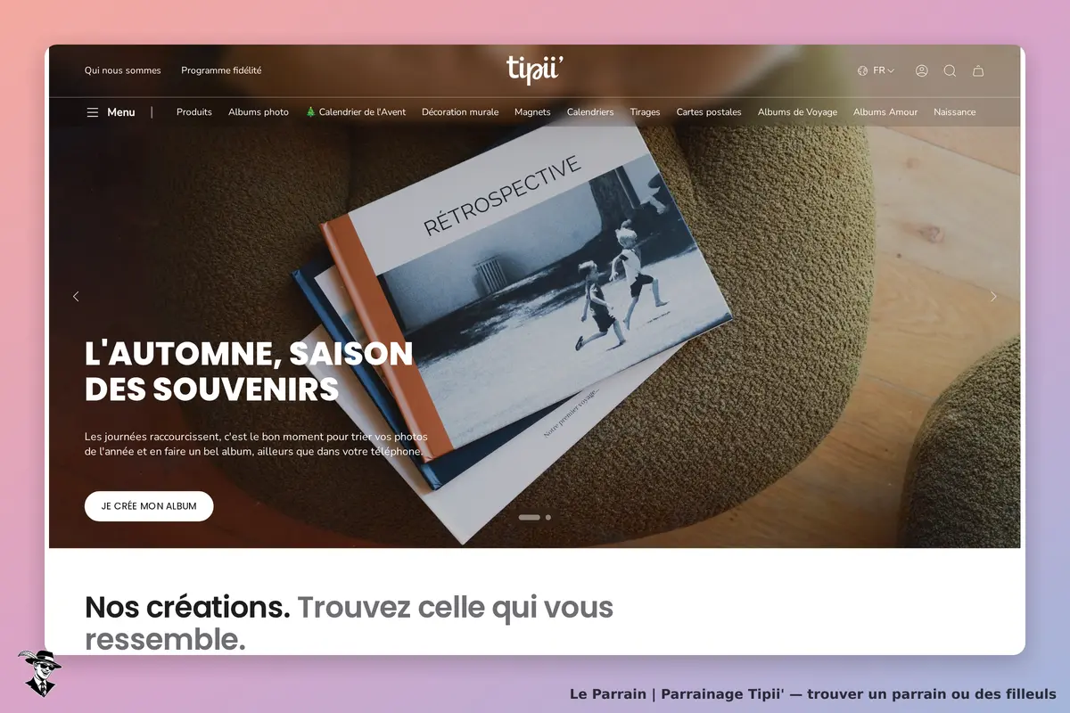 Tipii' : page d'accueil avec un album photo et un message sur l'automne et les souvenirs