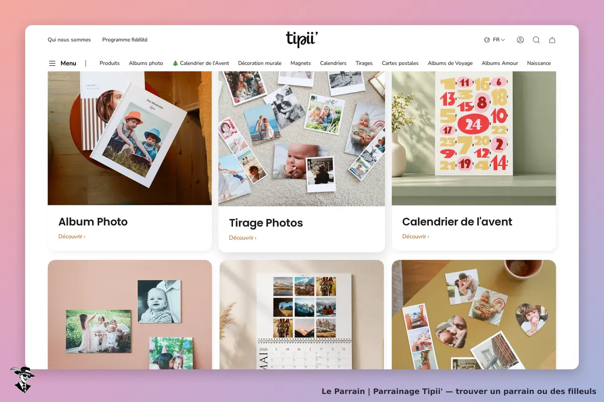 Tipii' : page d'accueil avec produits photo, albums et calendrier de l'avent affichés