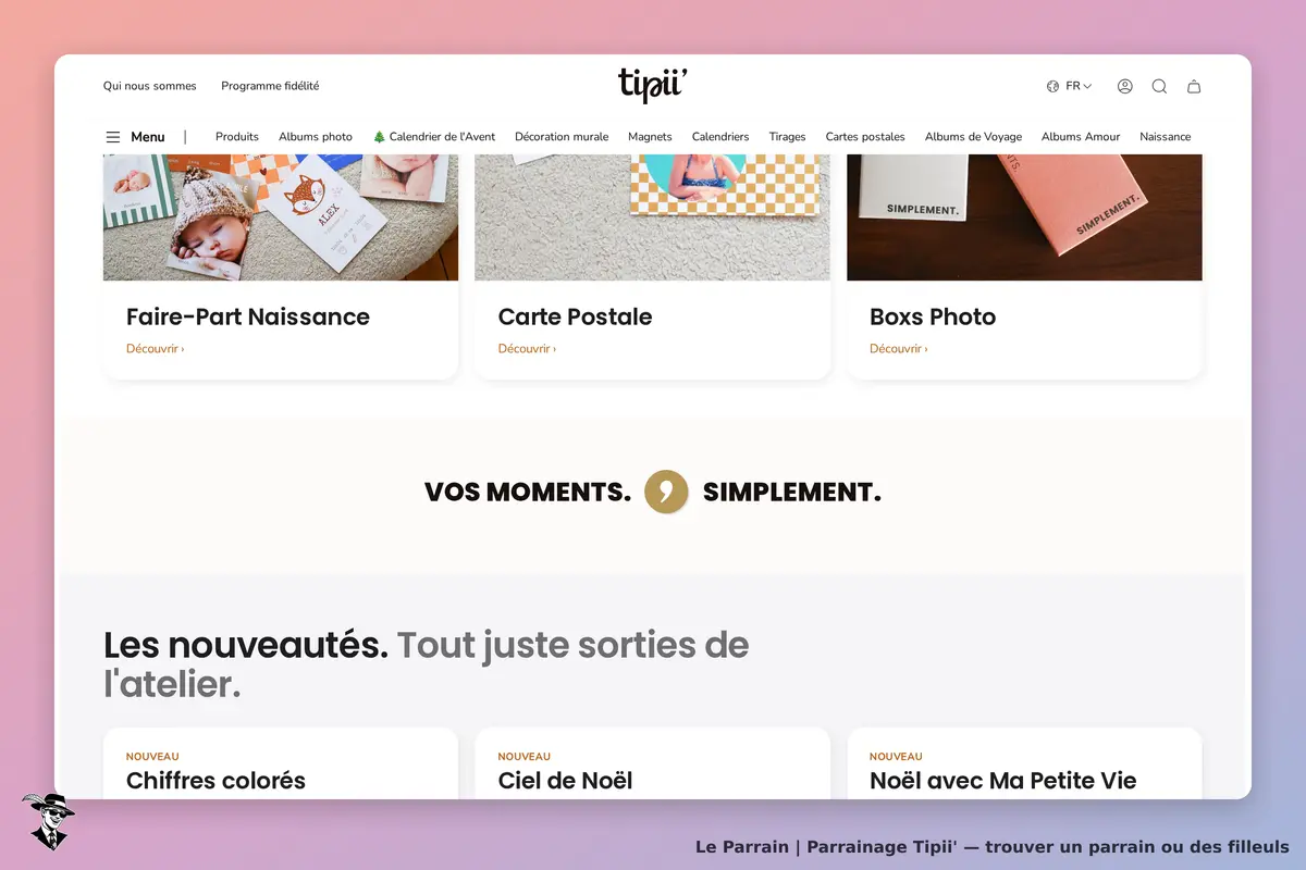 Tipii' : page d'accueil avec produits photo et nouveautés présentées en vignettes