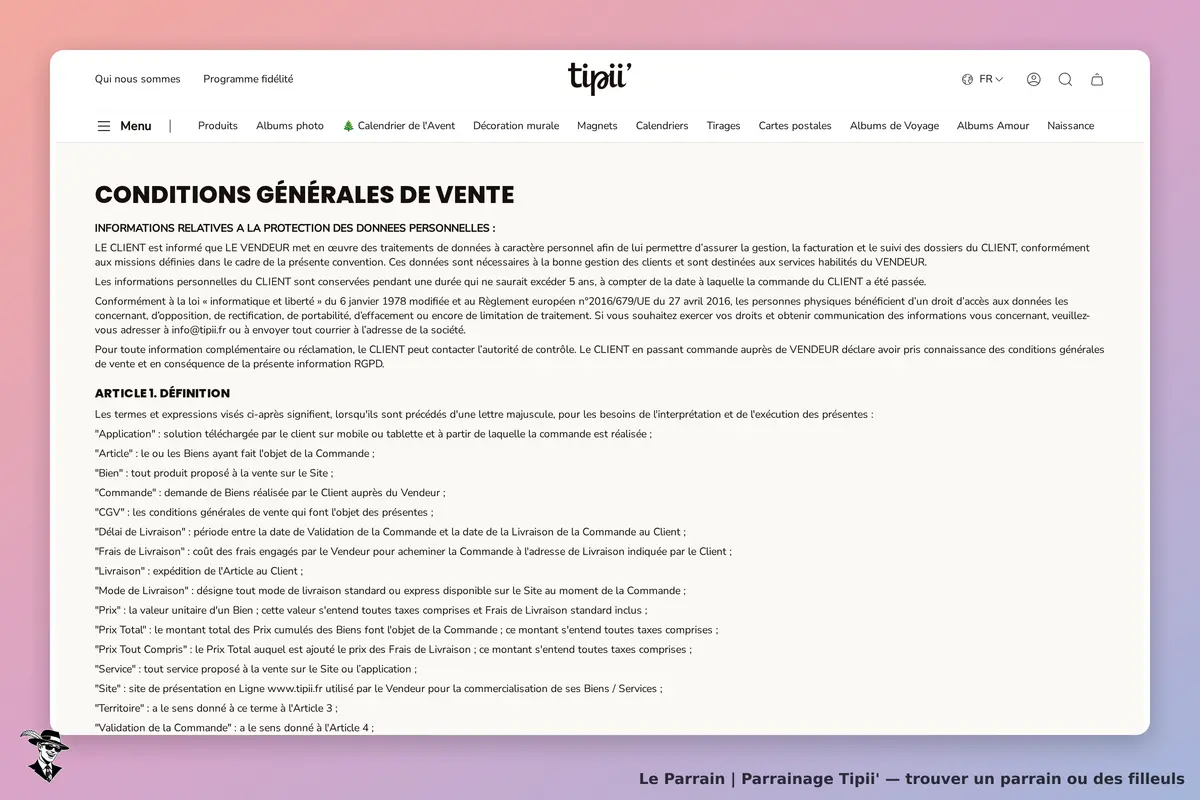 Tipii' : conditions générales de vente affichées sur la page d'accueil du site
