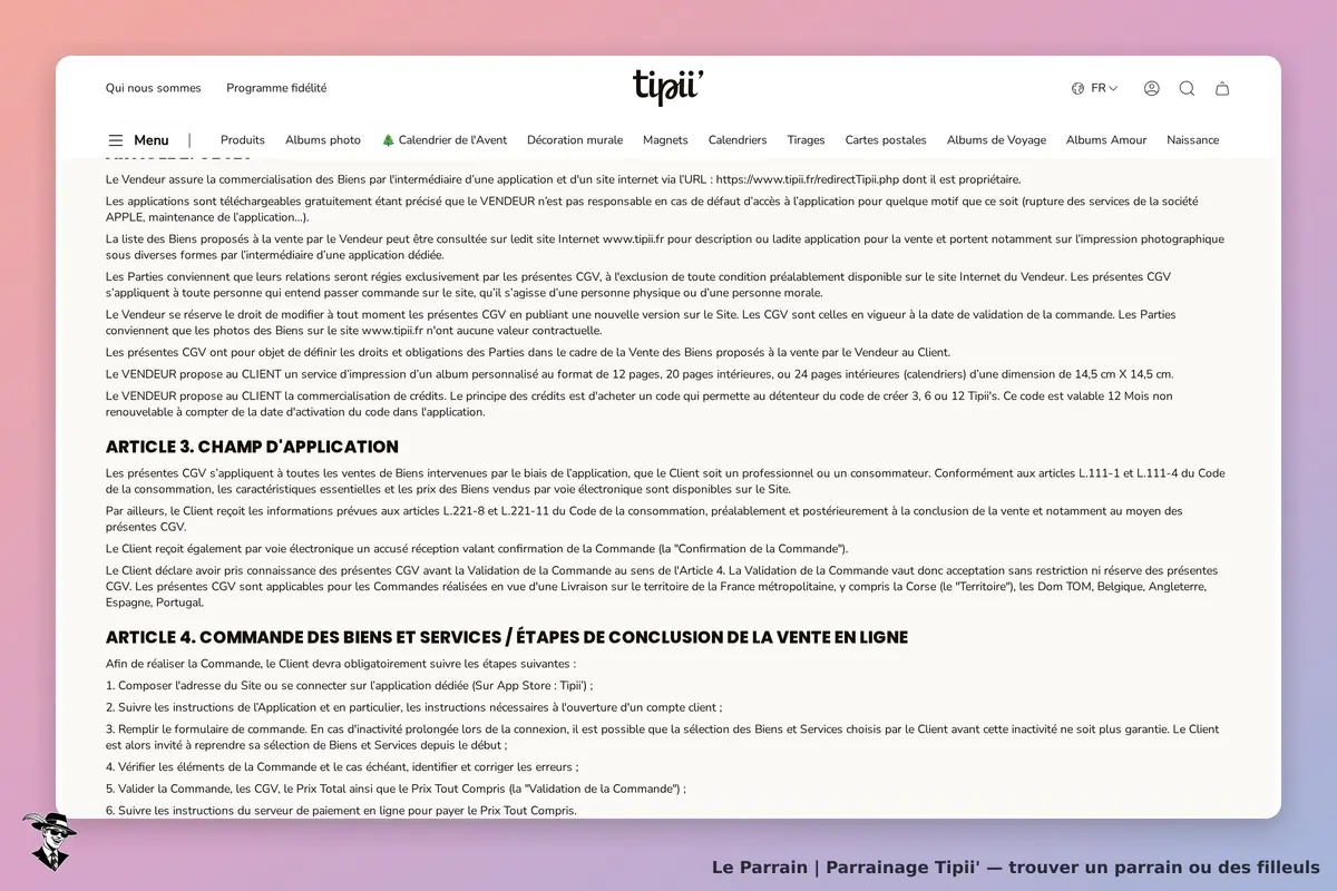 Tipii' : mentions légales et conditions générales de vente sur la page d'accueil du site