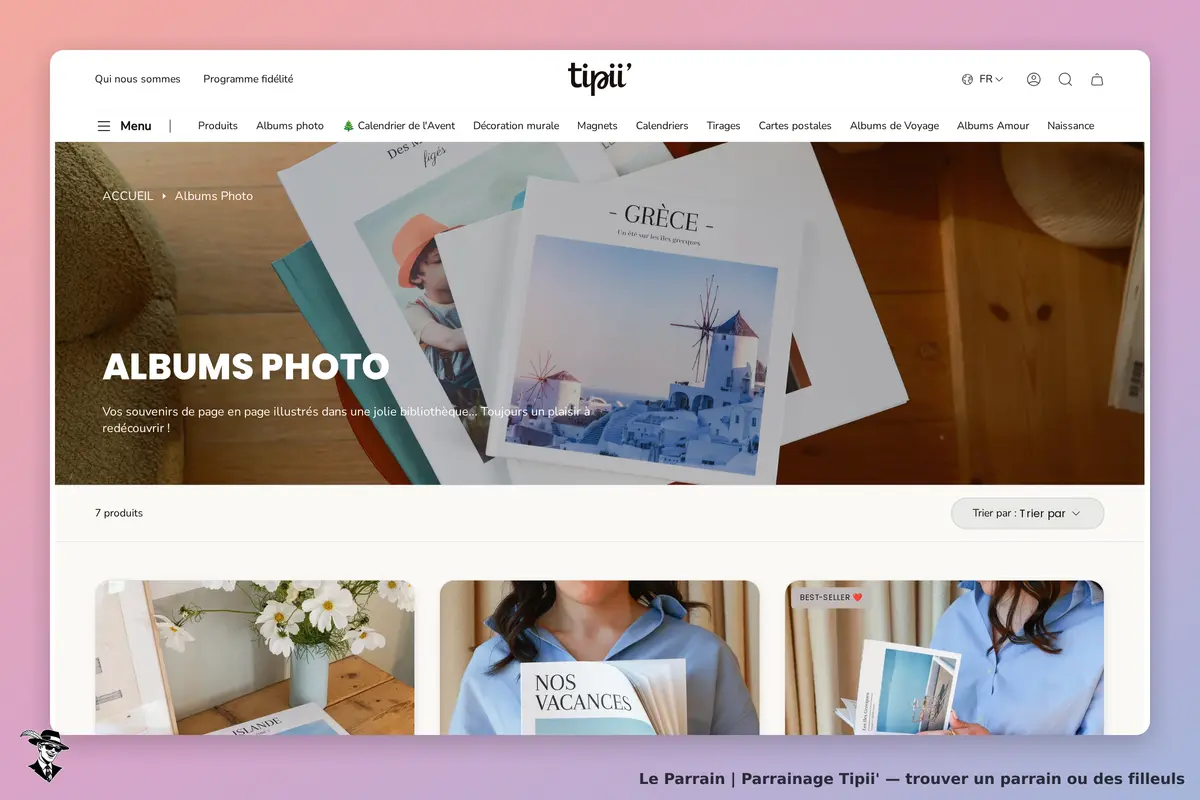 Tipii' : page d'accueil avec des albums photo et une présentation de produits