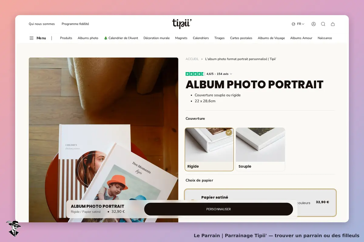 Tipii' : page produit affichant des albums photo avec options de personnalisation et images
