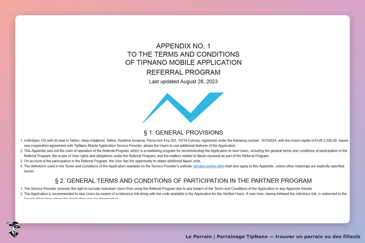 TipNano : document présentant les conditions générales du programme de parrainage de l'application