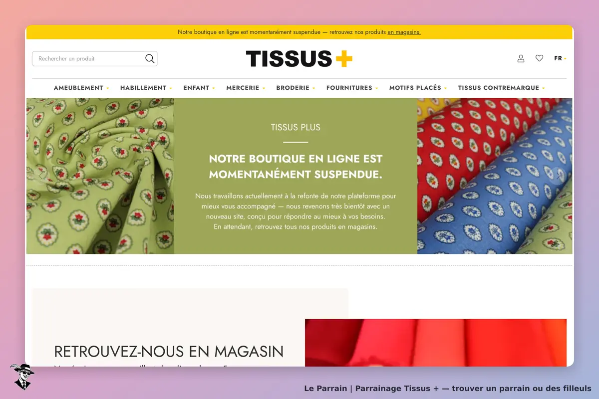 TISSUS + : page d'accueil avec tissus colorés et message sur la suspension de la boutique en ligne